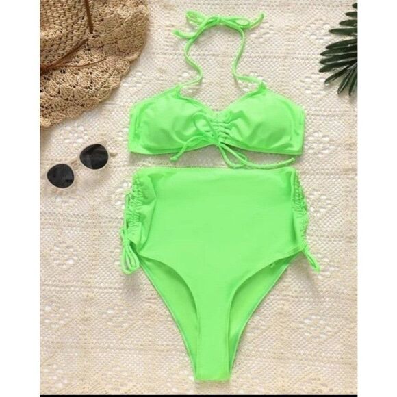 Florescent green drawstring bikini sz Medium - Picture 5 of 6